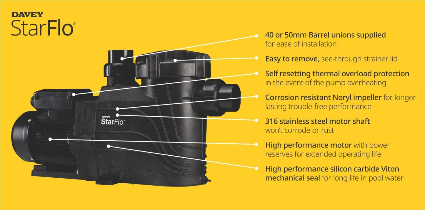 Davey StarFlo DSF300 1.0HP Pool Pump. 3Y Warranty, Retrofits Astral CTX280/CX240/TX240 - Rockingham Pool & Spa