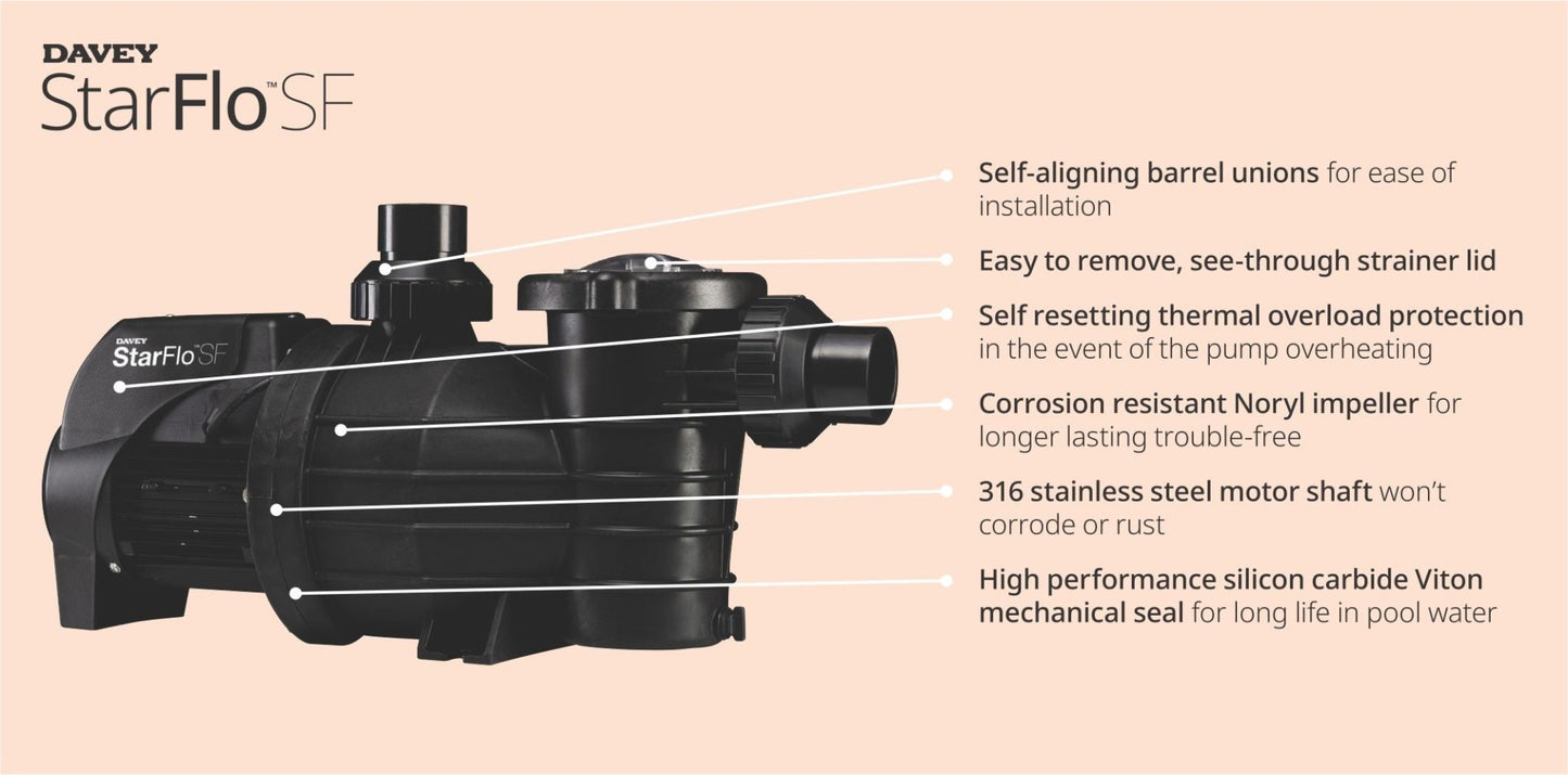 Davey StarFlo DSF900 1HP Pool Pump. 3Y Warranty, Retro fits Onga LTP/PPP - Rockingham Pool & Spa